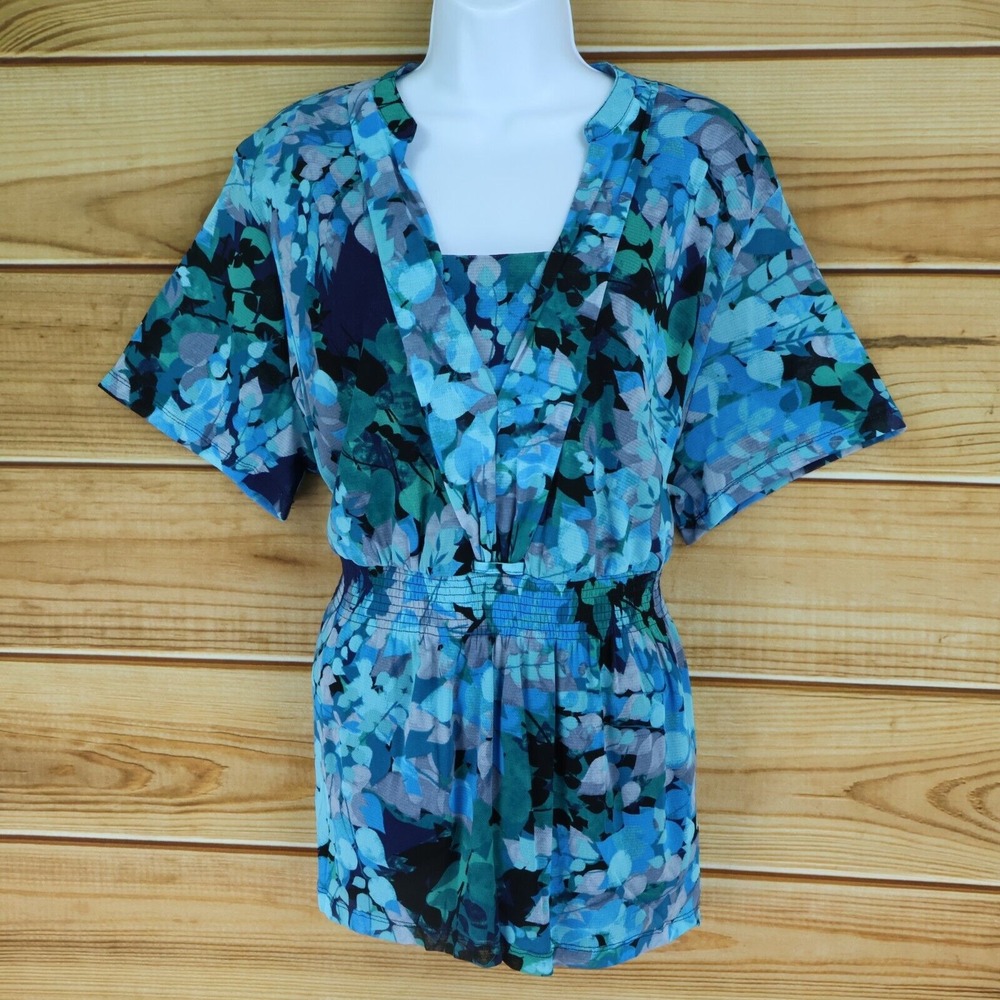 Croft & Barrow Short Sleeve Blouse Womens‎ Sz 2X Blue Floral Lined Stretch Waist